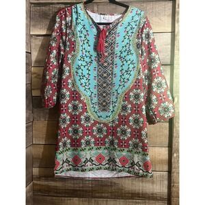 Boho Medallion Print Tunic Top Multi-Color Tassel Tie 3/4 Sleeve Blouse Medium